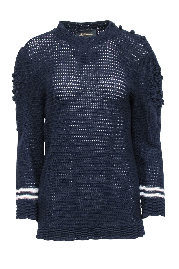 Current Boutique-Les Copains - Navy Knit Sweater w/ Textured Sleeves Sz 8
