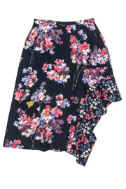 Current Boutique-Lewit - Navy w/ Multicolor Floral Print Silk Asymmetrical Midi Skirt Sz 14