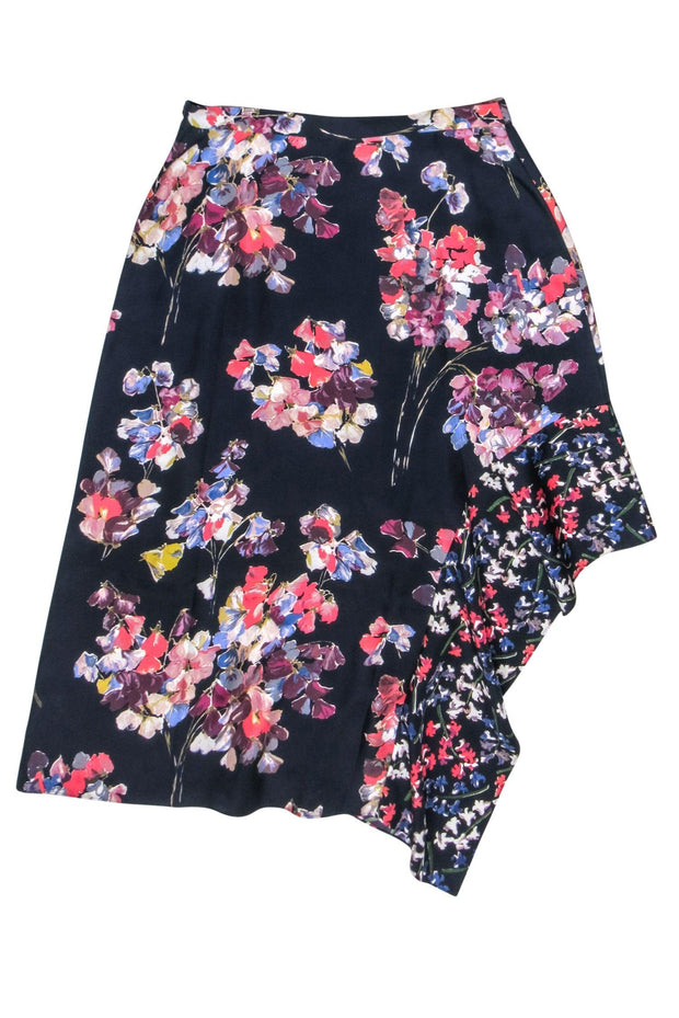 Current Boutique-Lewit - Navy w/ Multicolor Floral Print Silk Asymmetrical Midi Skirt Sz 14