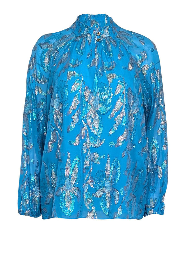 Current Boutique-Lilly Pulitzer - Blue Long Sleeve Metallix Textured Top Sz M