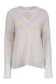 Current Boutique-Lisa Todd - Cream Cotton Blend Sweater w/ Whipstitch Trim & Crochet Cuffs Sz M