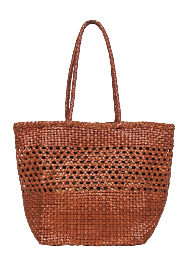 Current Boutique-Loeffler Randall - Tan Woven "Maya" Handbag w/ Leopard Tie Detail