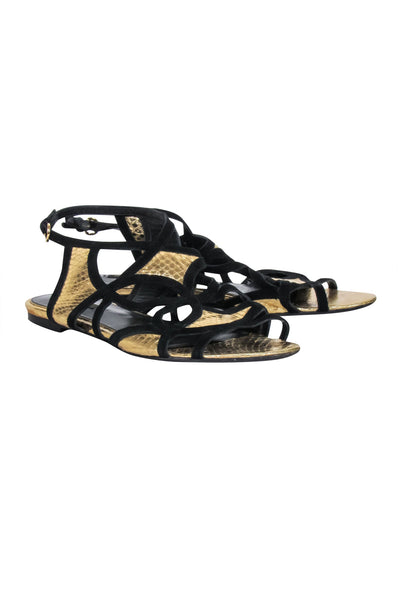Current Boutique-Louis Vuitton - Gold & Black Python Embossed Strappy Gladiator Sandals Sz 9.5