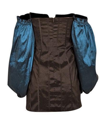 Current Boutique-Lovers + Friends - Black Taffeta boning Dress w/ Teal Off The Shoulder Long Sleeves Sz M