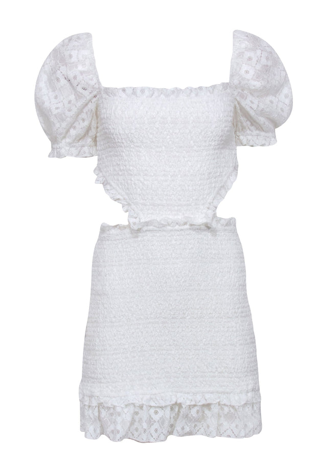 Current Boutique-Lovers + Friends - White Smocked Mini Dress w/ Lace Puff Sleeves Sz M