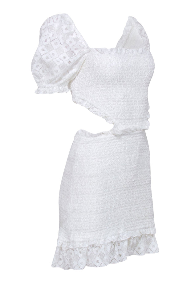 Current Boutique-Lovers + Friends - White Smocked Mini Dress w/ Lace Puff Sleeves Sz M