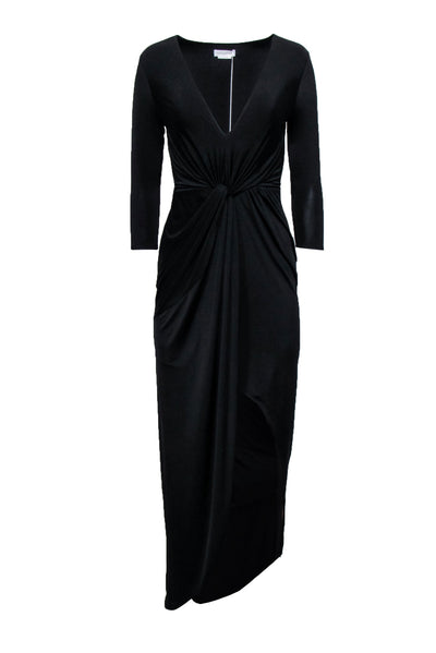 Current Boutique-Lovers + Friends - Black Stretch Waist Knot Deep V Formal Dress Sz S