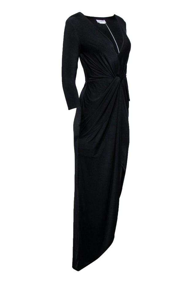 Current Boutique-Lovers + Friends - Black Stretch Waist Knot Deep V Formal Dress Sz S