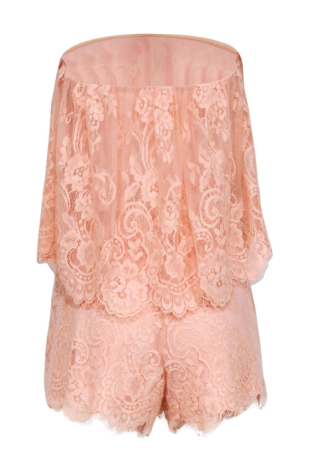 Current Boutique-Lovers + Friends - Peach Pink Floral Lace Strapless Romper Sz S
