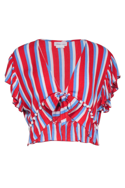 Current Boutique-Lovers & Friends - Red, White, & Blue Stripe Short Sleeve Pom Trim Top Sz M