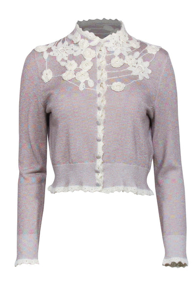 Current Boutique-LoveShackFancy - Pink Multi Color Shimmer "Melon" Cardigan w/ Floral Applique Sz M