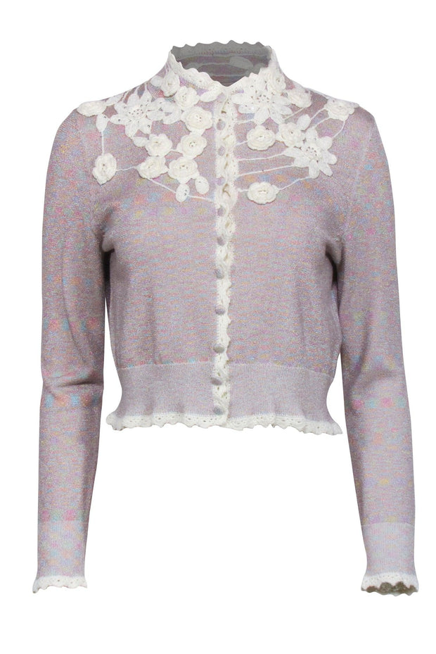 Current Boutique-LoveShackFancy - Pink Multi Color Shimmer "Melon" Cardigan w/ Floral Applique Sz M