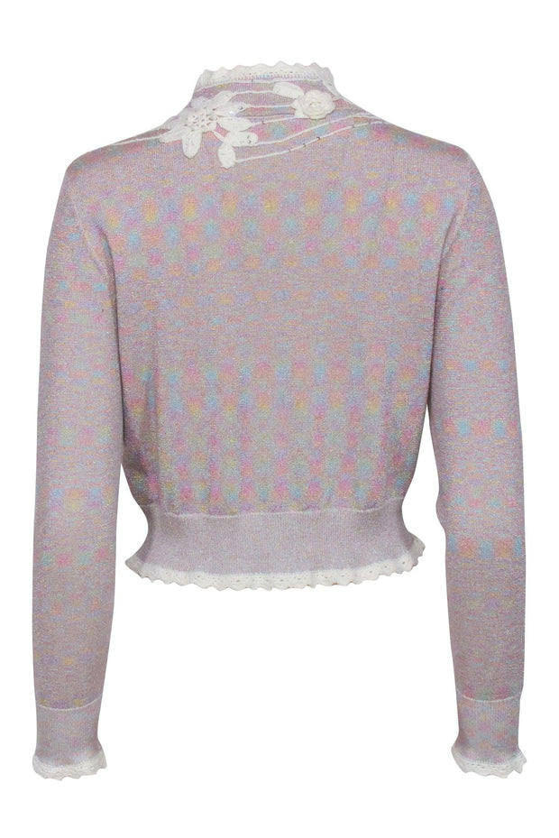 Current Boutique-LoveShackFancy - Pink Multi Color Shimmer "Melon" Cardigan w/ Floral Applique Sz M