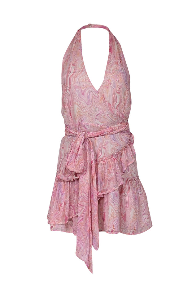 Current Boutique-LoveShackFancy - Pink, Purple & Orange Swirl Print Halter Wrap Mini Dress Sz M