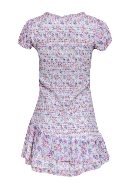 Current Boutique-LoveShackFancy - White w/ Pastel Pink & Purple Floral Smocked Drop Waist Dress Sz M