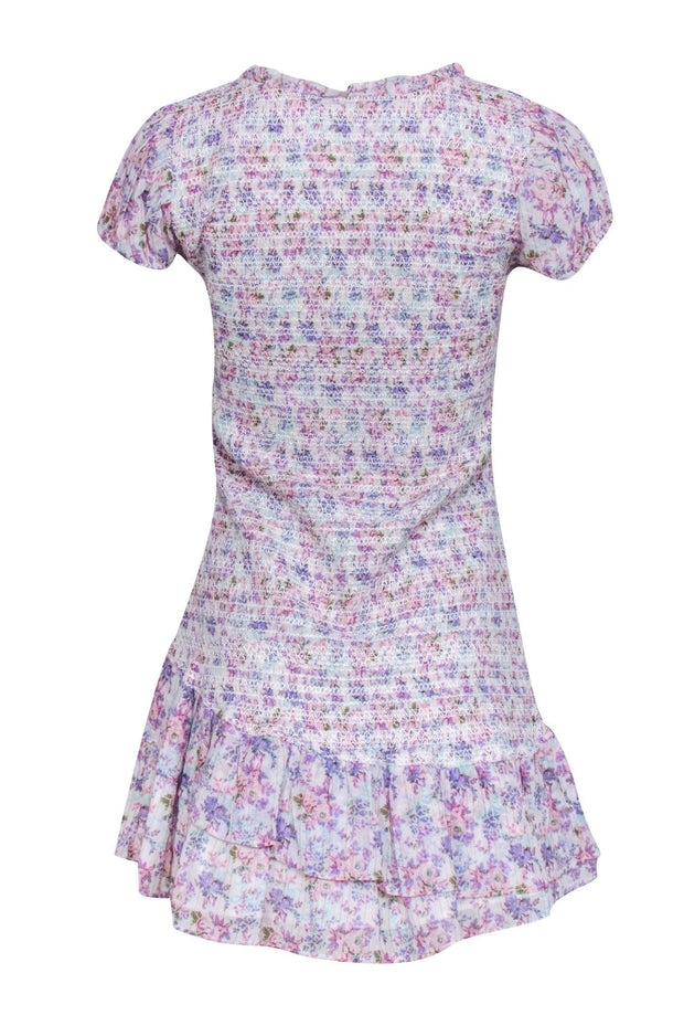 Current Boutique-LoveShackFancy - White w/ Pastel Pink & Purple Floral Smocked Drop Waist Dress Sz M