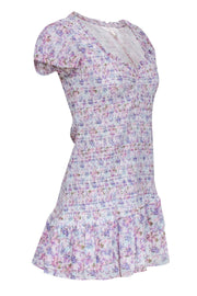 Current Boutique-LoveShackFancy - White w/ Pastel Pink & Purple Floral Smocked Drop Waist Dress Sz M