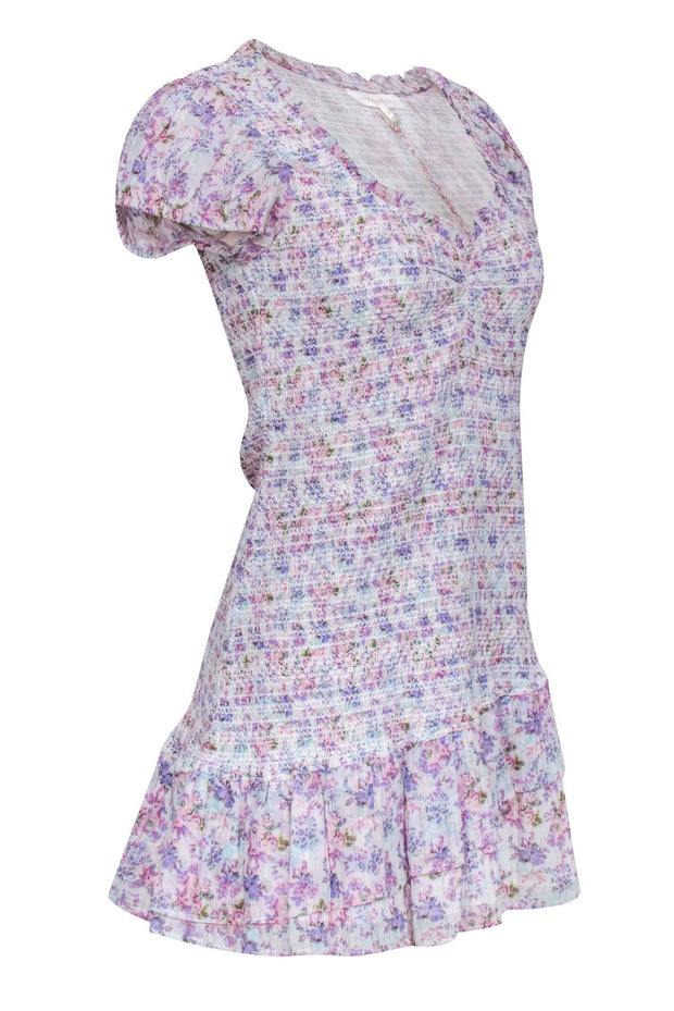 Current Boutique-LoveShackFancy - White w/ Pastel Pink & Purple Floral Smocked Drop Waist Dress Sz M