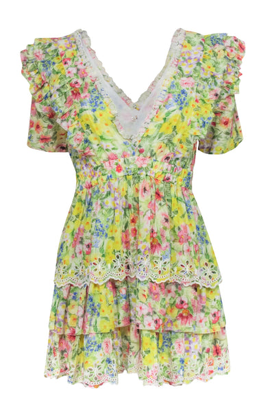 Current Boutique-LoveShackFancy - Yellow Multicolor Floral Print Dress w/ Eyelet Trim Sz S