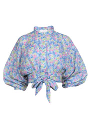 Current Boutique-LoveShackFancy - Blue Floral Print Button Down Shirt w/ Dolman Sleeves Sz XS