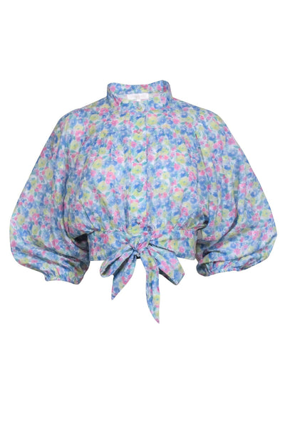 Current Boutique-LoveShackFancy - Blue Floral Print Button Down Shirt w/ Dolman Sleeves Sz XS
