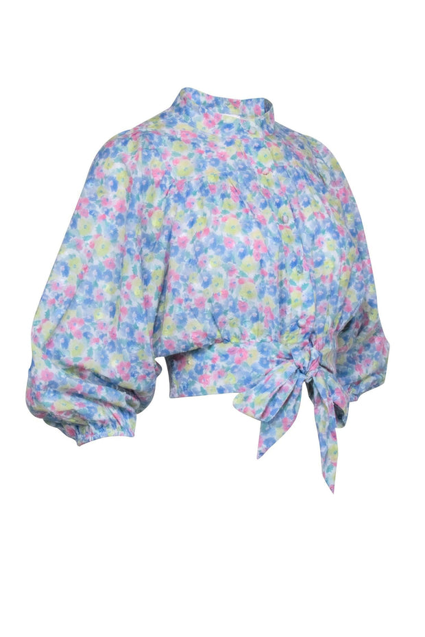 Current Boutique-LoveShackFancy - Blue Floral Print Button Down Shirt w/ Dolman Sleeves Sz XS