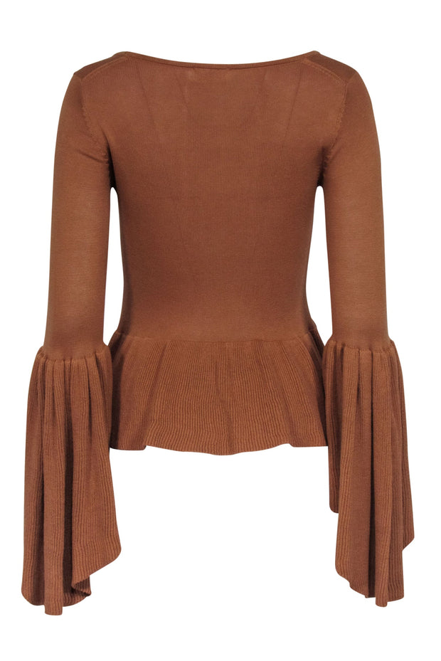 Current Boutique-LPA - Tan Scoop Neck Long Sleeve Sweater w/ Bell Sleeves & Ruffle Hem Sz XS