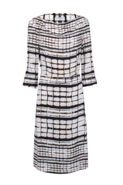 Current Boutique-M.M. Lafleur - White w/ Brown Square Print Cowl Neck Dress Sz 14