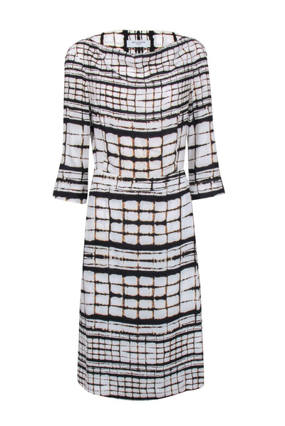 Current Boutique-M.M. Lafleur - White w/ Brown Square Print Cowl Neck Dress Sz 14