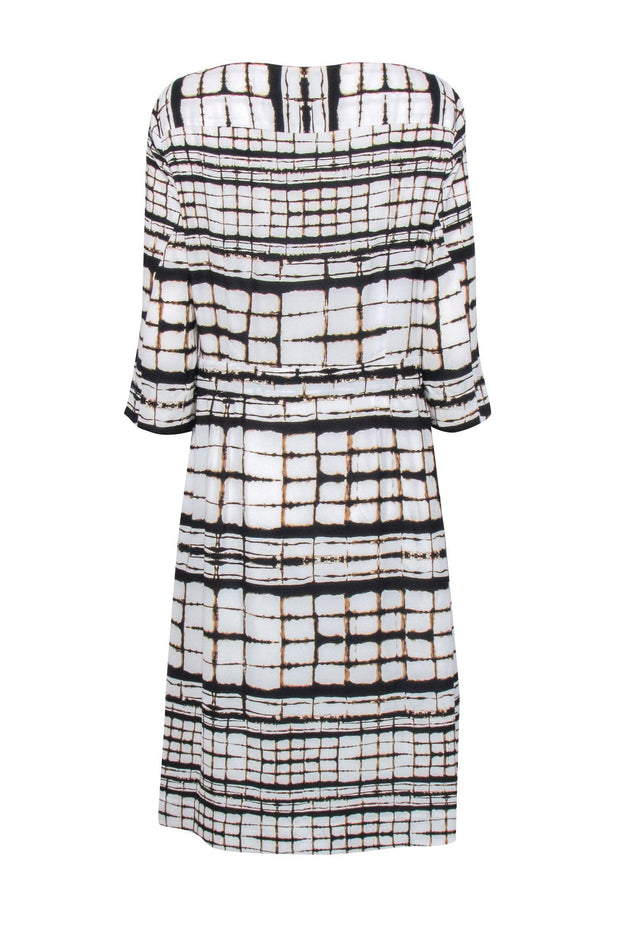 Current Boutique-M.M. Lafleur - White w/ Brown Square Print Cowl Neck Dress Sz 14