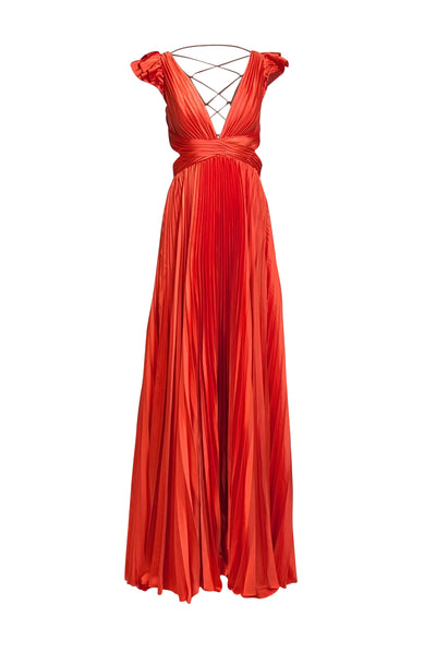 Mac Duggal - Orange Pleated Satin Floor Length Dress Sz 8 - Current Boutique