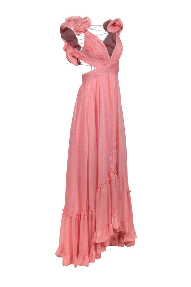 Current Boutique-Mac Duggal - Coral Pink and Metallic Ruffle Shoulder Lace Up Back Gown Sz 2
