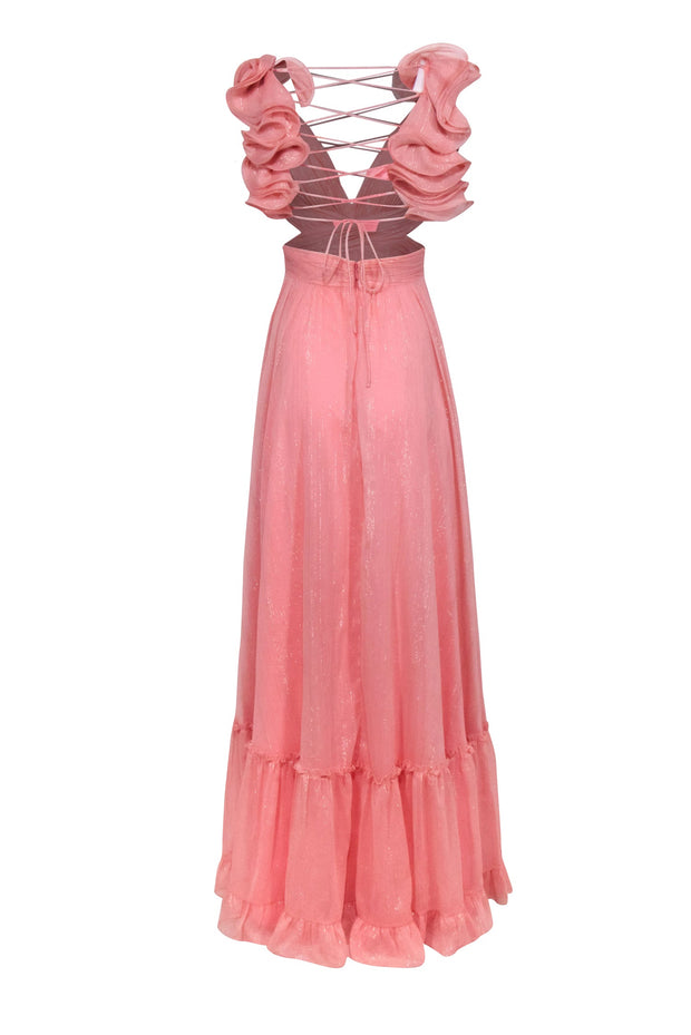 Current Boutique-Mac Duggal - Coral Pink and Metallic Ruffle Shoulder Lace Up Back Gown Sz 2