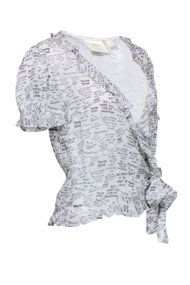 Current Boutique-Maeve - White Surplice Blouse w/ Black Writing Motif Sz 6