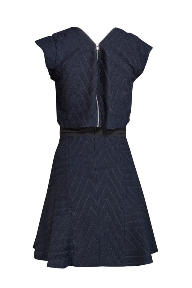 Maje - Navy Chevron Textured Dress w/ Black Mesh Waist Sz S - Current Boutique