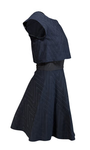 Maje - Navy Chevron Textured Dress w/ Black Mesh Waist Sz S - Current Boutique