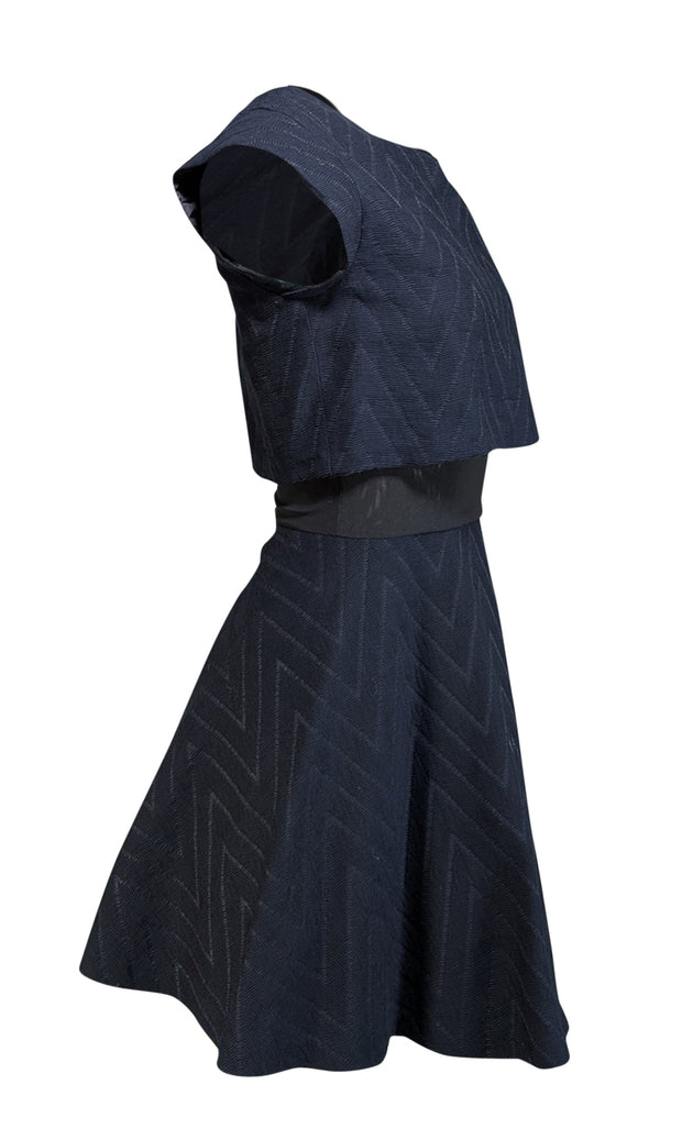 Maje - Navy Chevron Textured Dress w/ Black Mesh Waist Sz S - Current Boutique