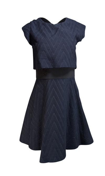 Maje - Navy Chevron Textured Dress w/ Black Mesh Waist Sz S - Current Boutique
