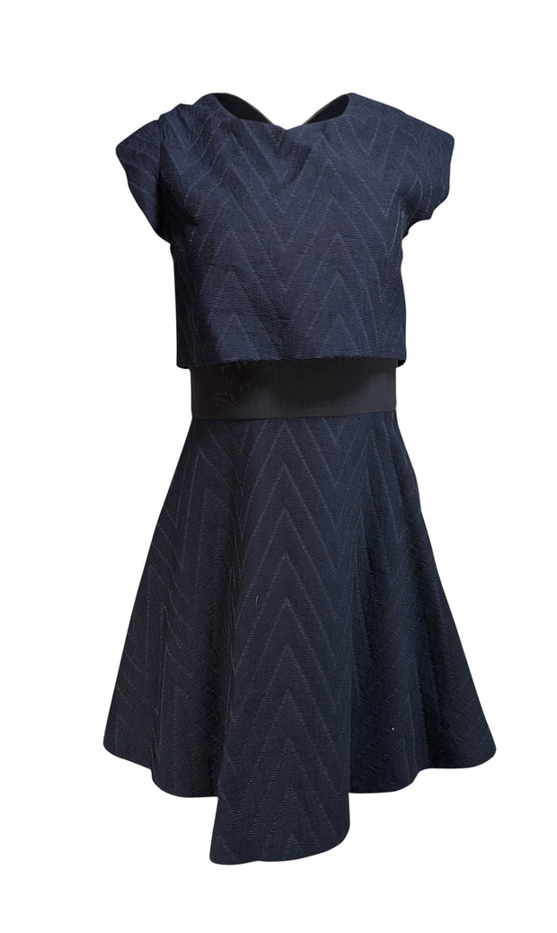 Maje - Navy Chevron Textured Dress w/ Black Mesh Waist Sz S - Current Boutique
