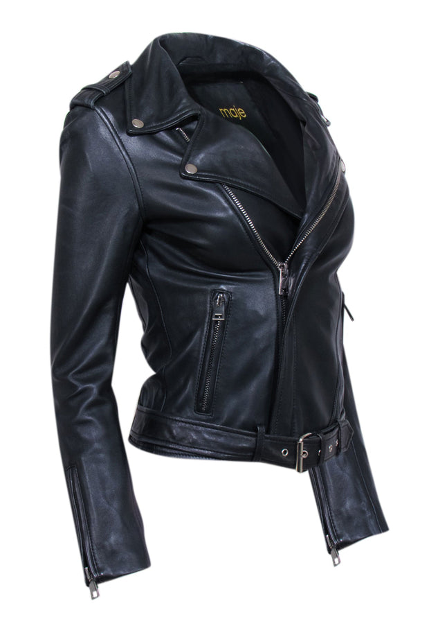 Current Boutique-Maje - Black Lamb Leather Moto Zip Jacket Sz 4