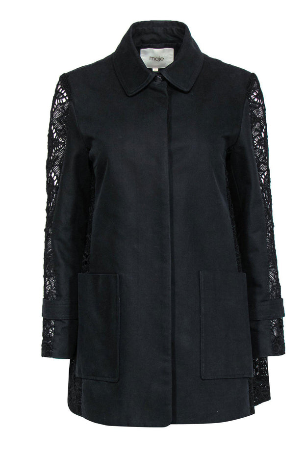 Current Boutique-Maje - Black Button-Up Jacket w/ Lace Sleeves Sz M