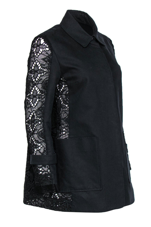 Current Boutique-Maje - Black Button-Up Jacket w/ Lace Sleeves Sz M