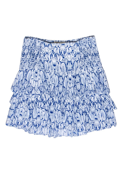Current Boutique-Maje - Blue & White Abstract Leaf Print Ruffled Mini Skirt Sz L