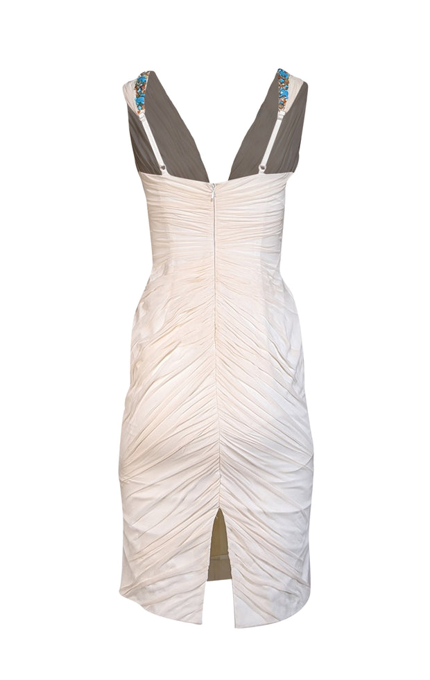 Mandalay - Ivory Ruched Deep V-neckline Beaded Trim Dress Sz 6 - Current Boutique