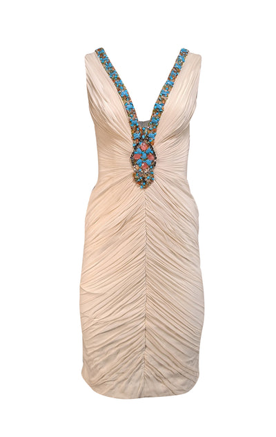 Mandalay - Ivory Ruched Deep V-neckline Beaded Trim Dress Sz 6 - Current Boutique