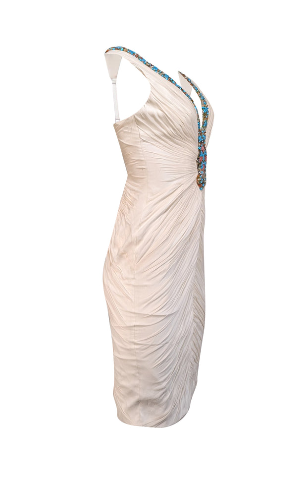 Mandalay - Ivory Ruched Deep V-neckline Beaded Trim Dress Sz 6 - Current Boutique
