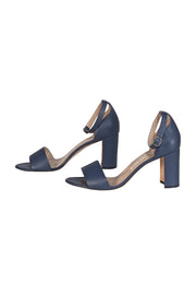 Manolo Blahnik - Navy Leather Open Toe Block Heels Sz 11 - Current Boutique