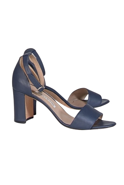 Manolo Blahnik - Navy Leather Open Toe Block Heels Sz 11 - Current Boutique
