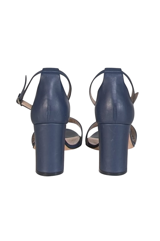 Manolo Blahnik - Navy Leather Open Toe Block Heels Sz 11 - Current Boutique