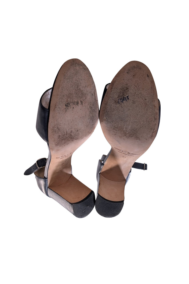 Manolo Blahnik - Navy Leather Open Toe Block Heels Sz 11 - Current Boutique